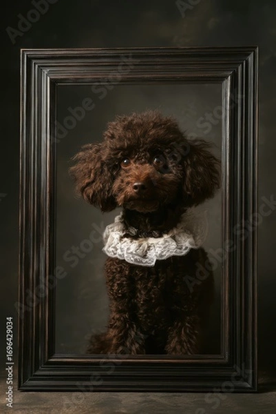 Fototapeta Brown vintage dog in lace-trimmed black attire seated within dark wooden frame on blue silk, classical elegance with deep background and draped fabric