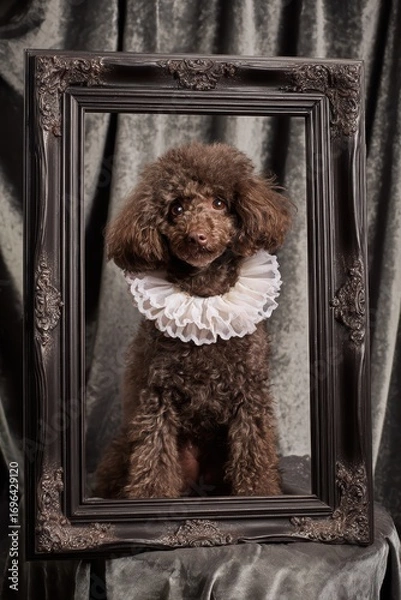 Fototapeta Brown vintage dog in lace-trimmed black attire seated within dark wooden frame on blue silk, classical elegance with deep background and draped fabric