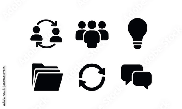 Obraz flat black solid icon items isolated on white background: collaboration group figures light bulb folder stack arrow loop chat bubbles