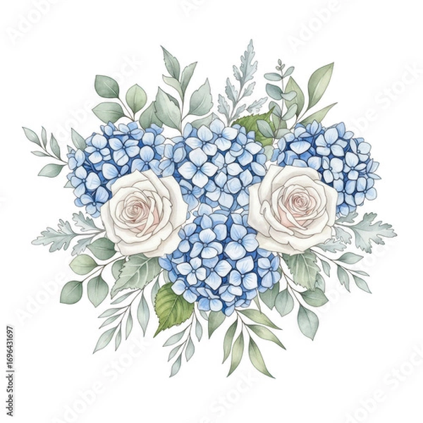 Obraz Blue hydrangea and white rose floral arrangement isolated on transparent background