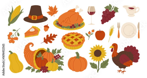 Fototapeta A collection of fall foods and decorations, including a pumpkin, a turkey, and a pie. Concept of warmth and abundance, as it features many traditional Thanksgiving foods and decorations
