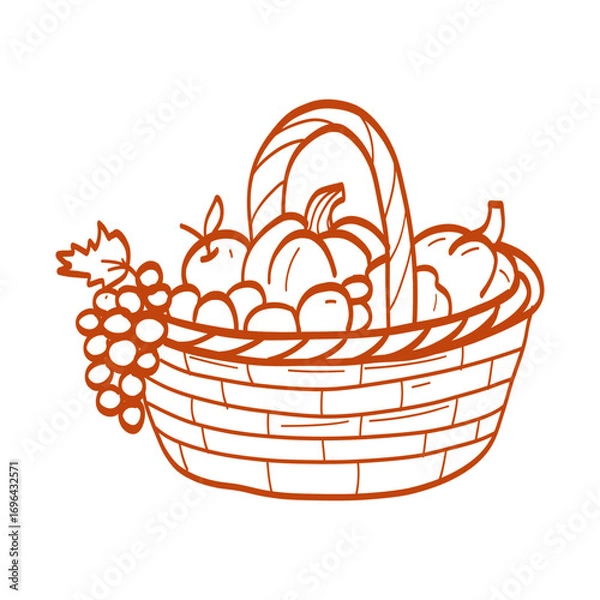Fototapeta A drawing of a cornucopia with a variety of fruits and vegetables. The cornucopia is orange and has a cone shape. The fruits and vegetables include apples, oranges, and carrots