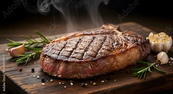 Obraz Juicy, grilled T-bone steak with rosemary and garlic, seasoned with coarse salt and peppercorns on a rustic wooden board