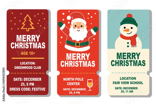 Fototapeta Three Christmas Event Tickets Featuring Santa and Snowman for Adults 18 and children, with Festive Dates and Locations