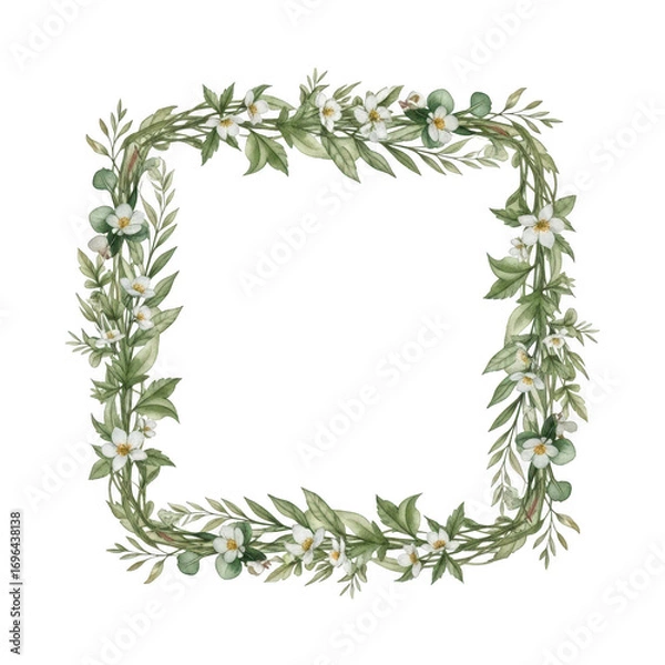 Fototapeta Square floral frame with white blossoms and green leaves isolated on transparent background