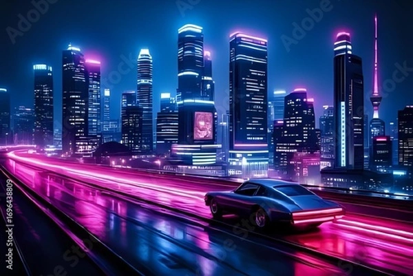 Fototapeta Futuristic city skyline at night with glowing neon lights, modern skyscrapers, and colorful reflections on water, perfect for technology, business, and urban lifestyle concepts.