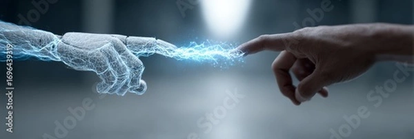 Fototapeta Polygonal style robotic hand connecting with human finger generating bright blue energy sparks, symbolizing the collaboration between humans and ai