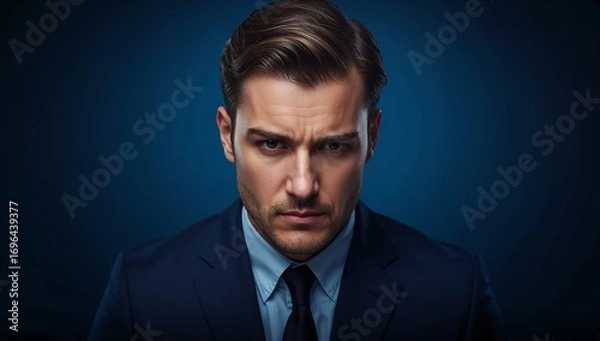 Fototapeta Serious Businessman in Suit with Intense Expression on Dark Blue Background