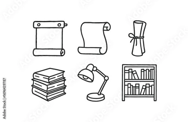 Obraz hand drawn cute doodle style line isolated on white background fastening strip scroll parchment curl string bind book stack desk lamp library rack
