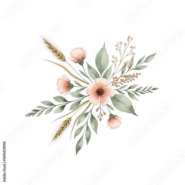 Obraz Watercolor floral arrangement with peach flowers and wheat, isolated on transparent background