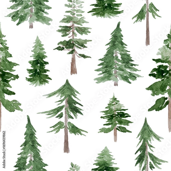 Fototapeta Seamless Pattern With Coniferous Forest, Fir Trees, Pines, Hand-drawn in watercolor. Vector
