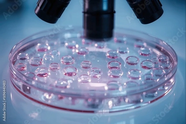 Fototapeta Microscopic view of cells growing in a laboratory dish