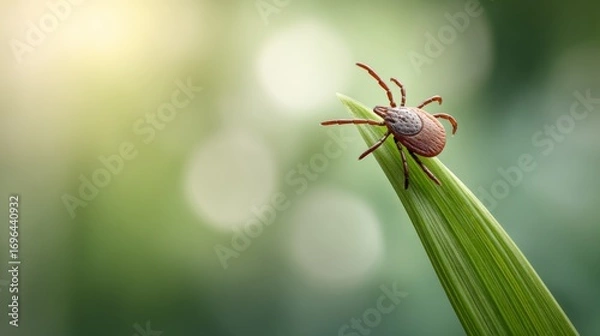 Fototapeta Dangerous tick is waiting on a blade of grass in a natural environment with a blurred background, representing the risk of lyme disease and other tick borne illnesses