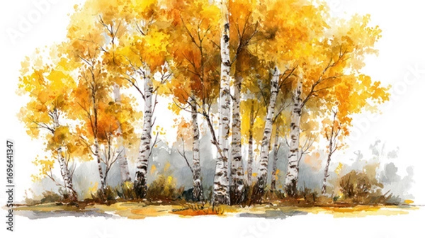 Obraz Watercolor autumn forest with birch trees and golden leaves on transparent background