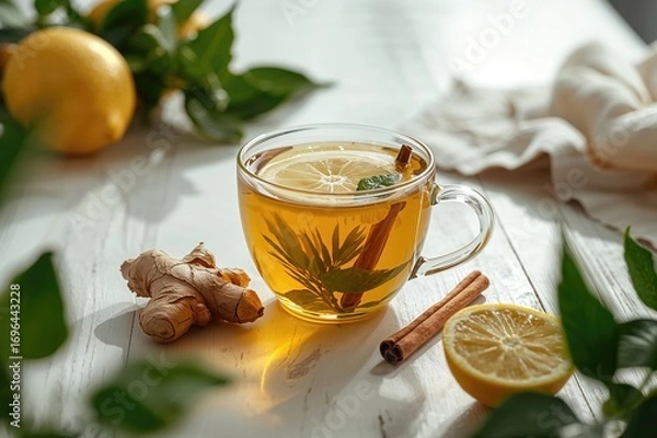 Fototapeta Glass of ginger tea with lemon and cinnamon sticks on a white surface, featuring fresh ginger and green leaves