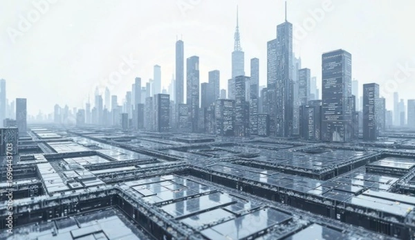 Fototapeta A futuristic cityscape covered in snow, showcasing towering skyscrapers and a serene atmosphere