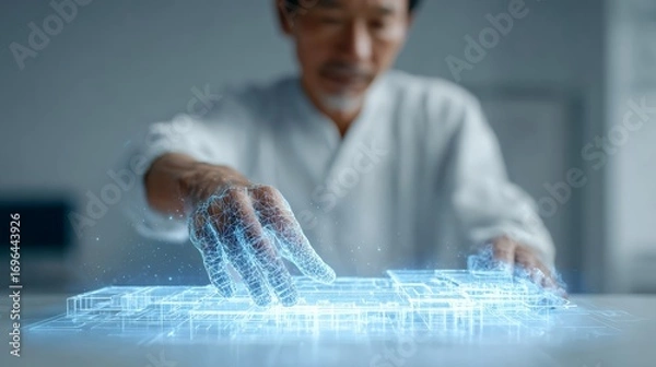 Fototapeta Senior scientist interacting with a complex, glowing blue, futuristic 3d model using artificial intelligence, showcasing innovation in a modern laboratory setting