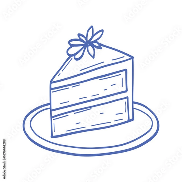 Fototapeta A blue and white drawing of a slice of cake with a flower on top. The cake is on a plate and the flower is placed on top of it