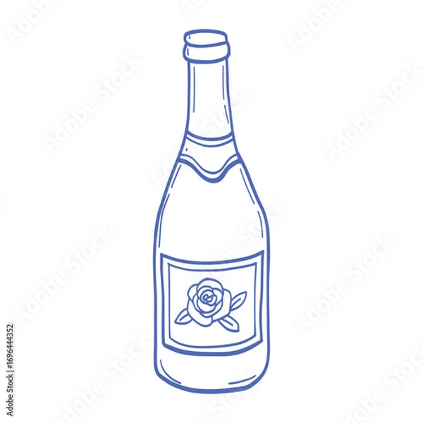Fototapeta A bottle of champagne with a rose on the label. The bottle is blue and white.