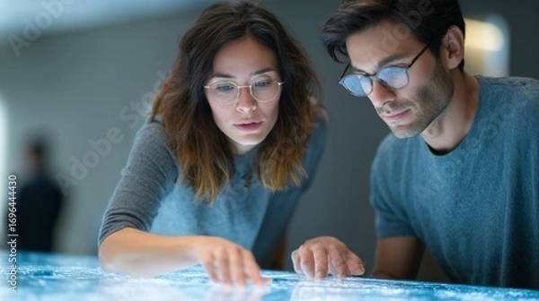 Fototapeta Two software engineers are examining data displayed on a futuristic interactive touchscreen table, collaborating on a project involving cutting edge technology and artificial intelligence