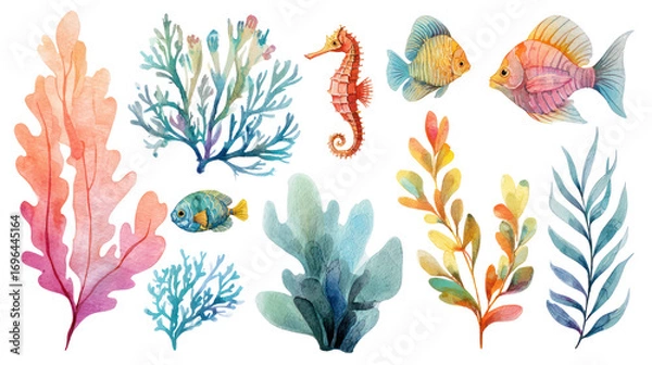 Fototapeta Watercolor set with seaweeds, sea plants, corals, and cute ocean elements on transparent background