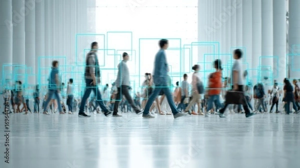 Fototapeta Artificial intelligence is tracking people walking in a public space using facial recognition and motion blur, highlighting the potential for surveillance and data collection in modern society