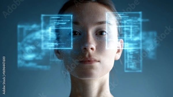 Fototapeta Artificial intelligence is scanning a woman's face using facial recognition software, analyzing biometric data and creating a digital mesh, showcasing the power of ai in modern technology