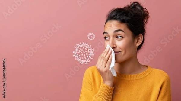 Fototapeta Young woman blowing her nose with a tissue with a virus drawing superimposed on a pink background, representing concepts of illness, allergies, or viral infections