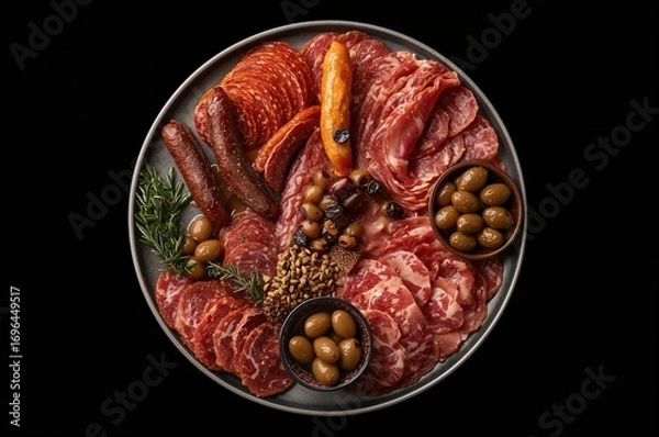 Fototapeta Variety of cured meats with olives on dark surface, aerial perspective, space for text.