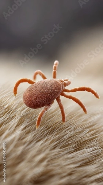 Fototapeta Microscopic view of a mite crawling on animal fur, highlighting the potential dangers of parasites and the importance of pest control for pets