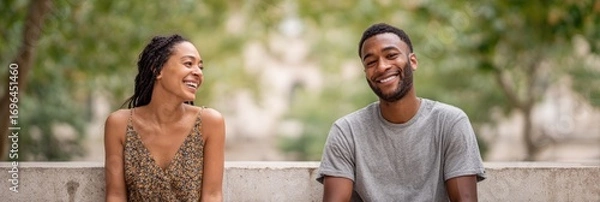 Fototapeta Two young professionals sitting on a low wall, sharing smiles and laughter while enjoying each other's company in a vibrant park setting filled with greenery and sunshine