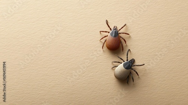 Fototapeta Two ticks are crawling on a light brown surface, representing the growing threat of lyme disease and other tick borne illnesses, emphasizing the importance of tick checks and prevention measures