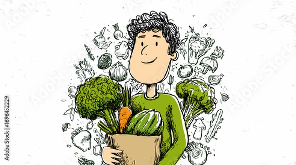 Fototapeta Illustration of a person holding a bag of fresh vegetables, including lettuce, carrots, and cucumbers, with a cheerful expression.