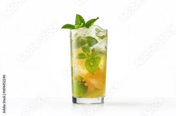 Obraz Chilled Mojito drink served in a tall hurricane glass against a white backdrop