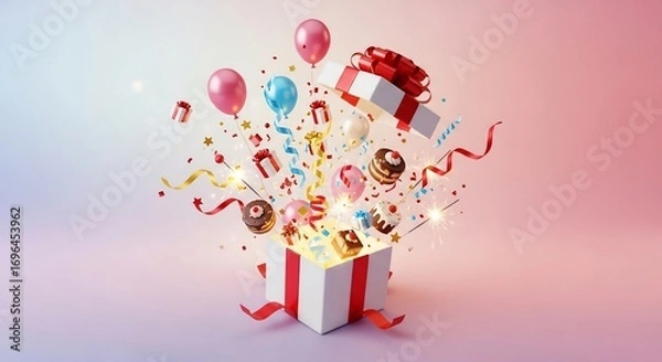 Fototapeta Exploding Gift Box: Celebration of Joy, Balloons, Cakes, and Sparklers