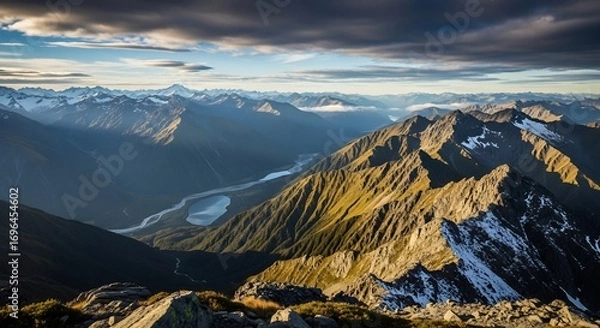Fototapeta Golden Light on Jagged Ridges Above a Shadowed Valley and Distant Snowy Peaks