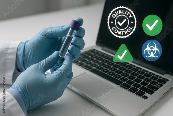 Fototapeta Scientist examining a vial in a lab with quality control icons on a laptop screen. 