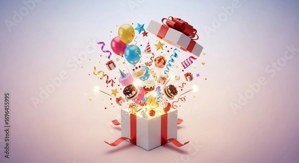 Fototapeta Magical Explosion of Joy: A Gift Box Bursts with Cakes, Balloons, and Sparklers
