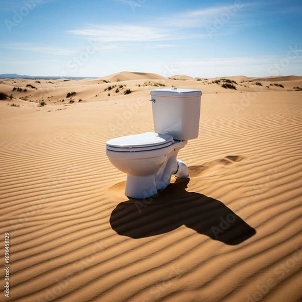 Fototapeta Surreal Vision: A Pristine Toilet on Rippling Golden Sands Under a Vast Blue Sky