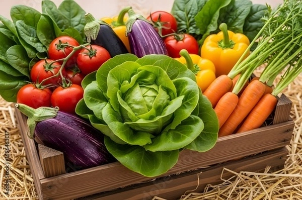 Fototapeta A wooden crate filled with a variety of fresh, colorful, and healthy vegetables with lettuce with lettuce