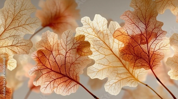 Fototapeta Translucent macro composition of delicate maple and oak leaves, representing the fragile beauty and intricate details of the autumn season.