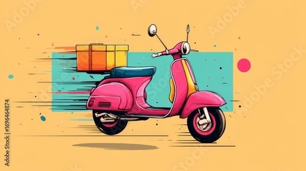 Fototapeta Illustration of a fast food delivery motorbike in motion, symbolizing quick and efficient delivery service for modern urban life.