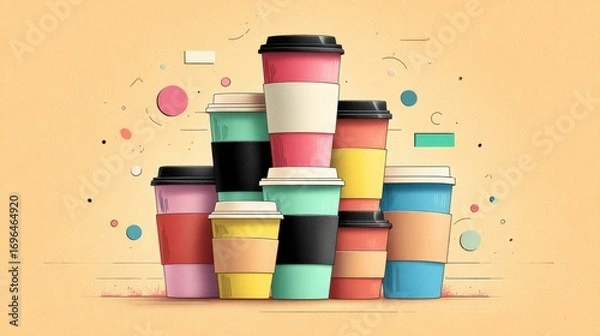 Fototapeta Illustration of stacked takeaway coffee cups with different pastel colors, symbolizing the modern coffee culture and daily routine.