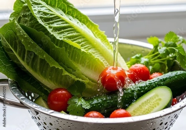 Fototapeta Washing fresh vegetables with lettuce in a colander under running water