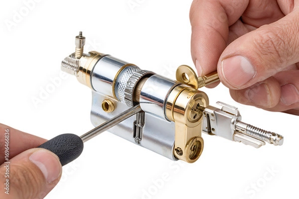 Fototapeta Close up of hands installing or repairing a lock cylinder.
