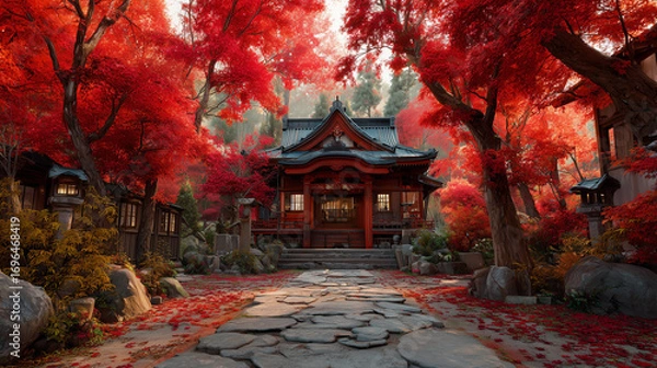 Obraz 紅葉に包まれた幻想的な神社の風景