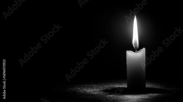 Fototapeta A single candle burning in complete darkness, minimalist mood.