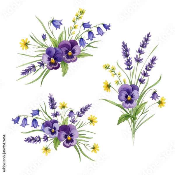 Obraz Watercolor floral arrangements with pansies and lavender isolated on transparent background