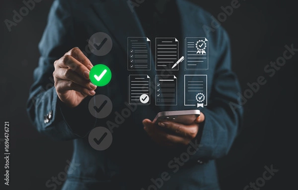 Fototapeta Businesswoman validating digital documents with green check mark symbol. Concept of certification, approval process and digital verification in business or compliance operations.