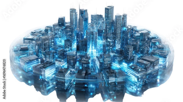 Fototapeta Digital Metropolis: An ethereal, glowing metropolis is presented as a vision of technological progress, highlighting the seamless integration of technology and urban design.